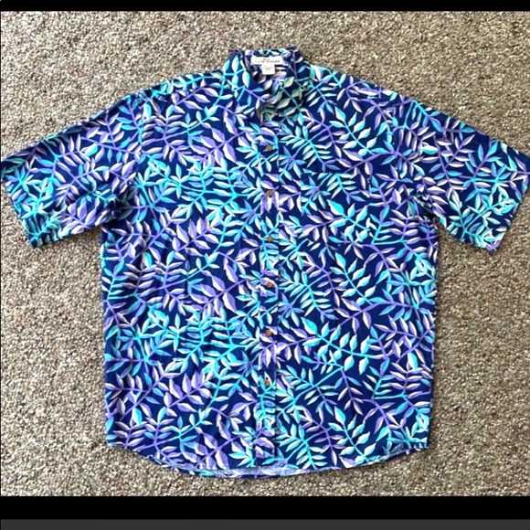 Vtg CLEAN CLOTHES Men's Hawaiian Shirt Aloha VIVID Aqua/Purple Print Beach L XL - Picture 1 of 5